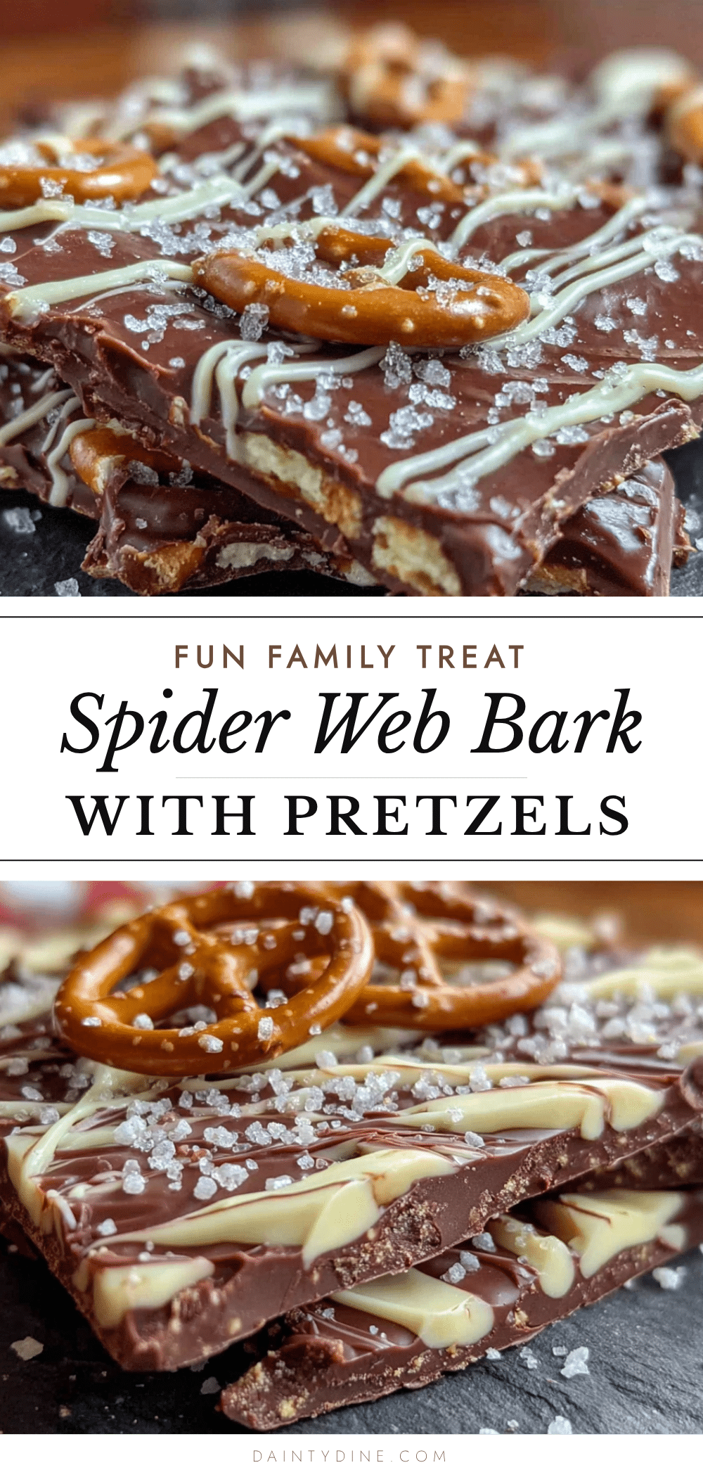 spider web chocolate bark with pretzels recipe